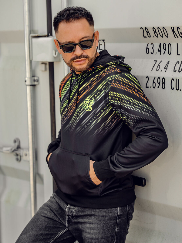 Черен с принт мъжки суитшърт с качулка Bolf HM258