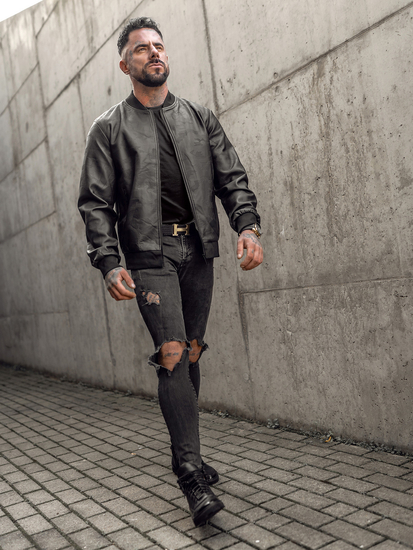 Черно мъжко кожено яке бомбър Bolf 3A63A