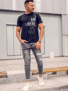 Черна мъжка памучна тениска с принт Bolf 0404TA