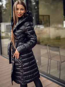 Черно дълго капитонирано дамско преходно яке с качулка Bolf 5M3159