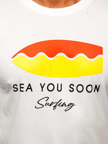 Бяла памучна мъжка тениска с щампа Bolf MPO3457