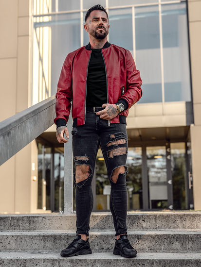 Червено кожено мъжко яке тип бомбър Bolf 1147A