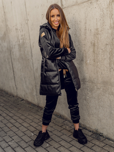 Черен дълъг капитониран дамски елек от еко кожа Bolf AY756