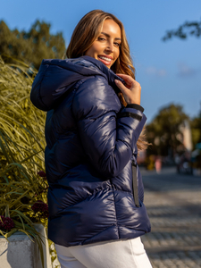 Тъмносиньо капитонирано зимно дамско яке с качулка Bolf 23065A