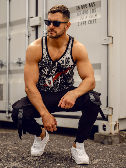 Черен мъжки потник tank top с принт Bolf 14853