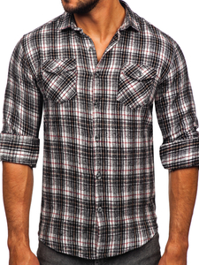 Черно-бяла мъжка бархетна риза с дълъг ръкав Bolf 20731-2