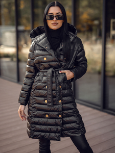 Дамско дълго ватирано преходно яке с качулка черно Bolf 5M3219