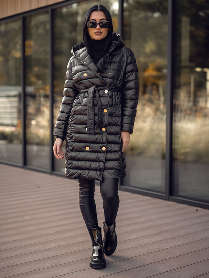 Дамско дълго ватирано преходно яке с качулка черно Bolf 5M3219