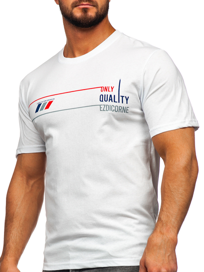 Бяла мъжка памучна тениска с принт Bolf 14772