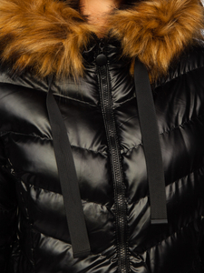 Черно дълго капитонирано дамско зимно яке с качулка Bolf 5M778