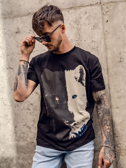 Черна памучна мъжка тениска с щампа Bolf 14800A