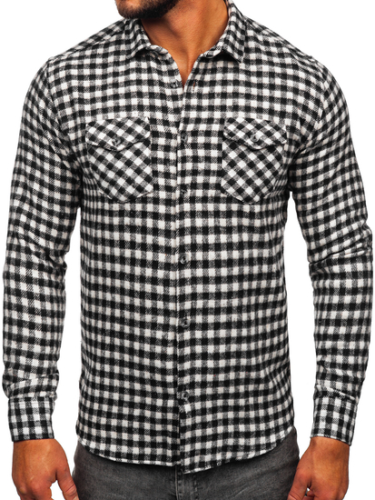 Чернo-бяла бархетна мъжка карирана риза с дълъг ръкав Bolf 22701