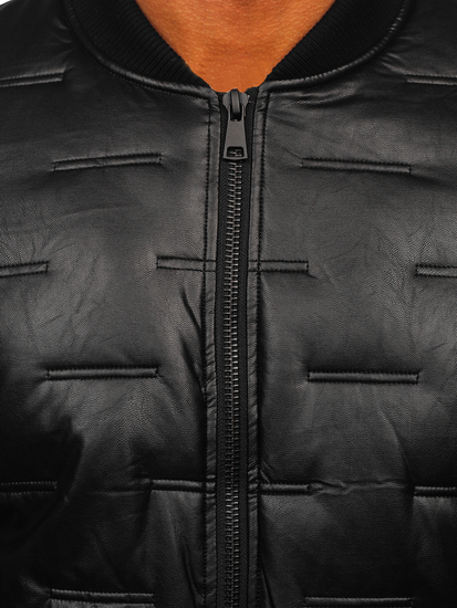 Черно мъжко кожено капитонирано зимно яке тип бомбър Bolf 11Z8099