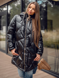 Черно дълго капитонирано дамско зимно яке с качулка Bolf 5M3189