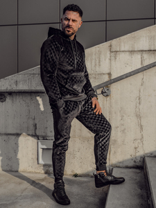 Черен мъжки плюшен анцуг с качулка Bolf 3A82-A