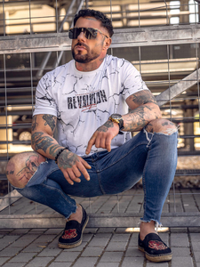 Бяла памучна мъжка тениска с принт Bolf 14717A