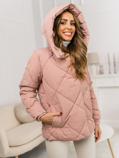 Розово капитонирано дамско зимно яке с качулка Bolf 5M3175