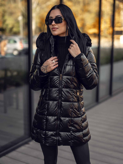Черно дълго капитонирано дамско зимно яке с качулка Bolf 16M9120A