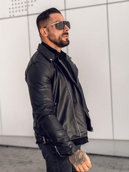Черно рокерско кожено мъжко яке Bolf 0006-B