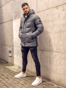 Сиво капитонирано мъжко зимно яке тип парка Bolf 7330