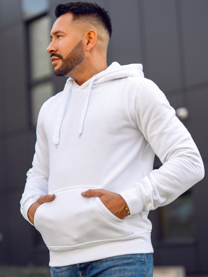 Бял мъжки суитшърт с качулка с джоб тип кенгуру Bolf 2009A