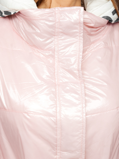 Светлорозово капитонирано зимно дамско яке с качулка Bolf B9570