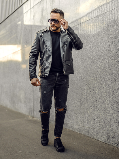 Черно кожено мъжко рокерско яке Bolf 11Z8014