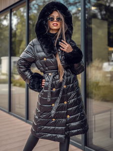 Черно дълго дамско зимно капитонирано яке с качулка Bolf 5M3160
