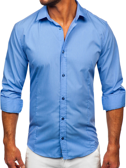 Синя елегантна мъжка риза с дълъг ръкав Bolf 1703
