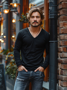 Мъжки longsleeve с V-образно деколте без принт черен Bolf 172008