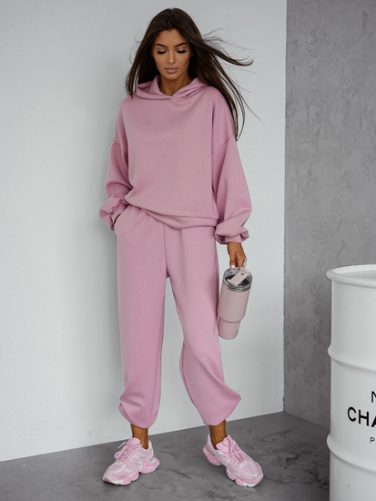 Дамски двуцветен спортен комплект с качулка пудров Bolf 525