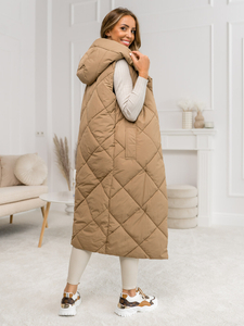 Дълъг дамски капитониран елек в цвят камел Bolf 5M3165