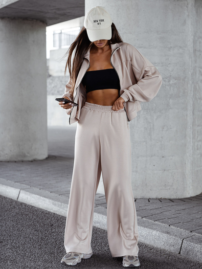 Дамски двуцветен спортен комплект с цип бежов Bolf 821109