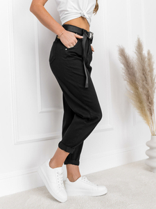 Черен дамски деним панталон с висока талия, колан и чанта Bolf LA688