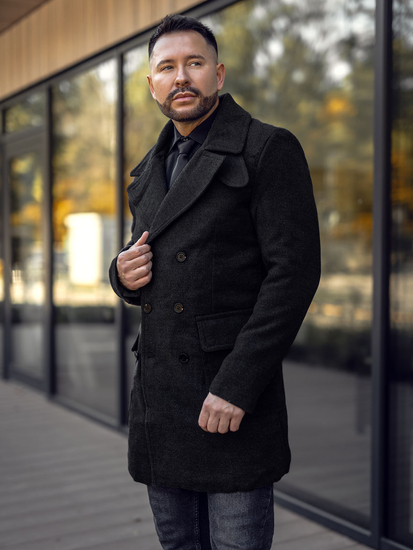 Мъжко двуредно зимно палто с висока яка черно Bolf 1048A2