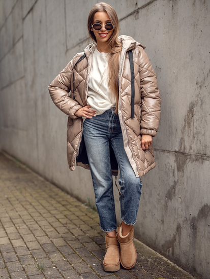 Дълго капитонирано дамско зимно яке с качулка в цвят камел Bolf 5M3189