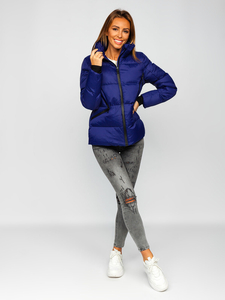 Тъмносиньо капитонирано дамско зимно яке без качулка Bolf 23059