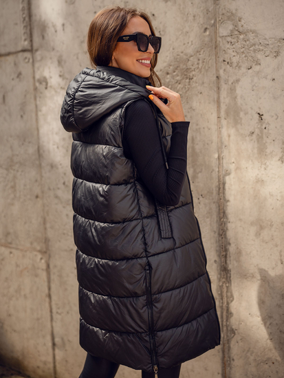 Черен дълъг ватиран дамски елек Bolf R8212A