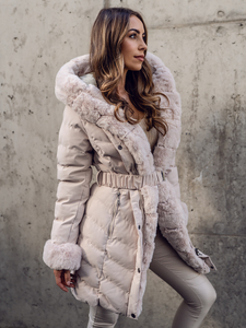 Кафяво дълго капитонирано дамско зимно яке с качулка Bolf 5M3156A