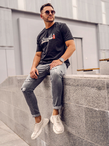 Черна памучна мъжка тениска с принт Bolf 14780A