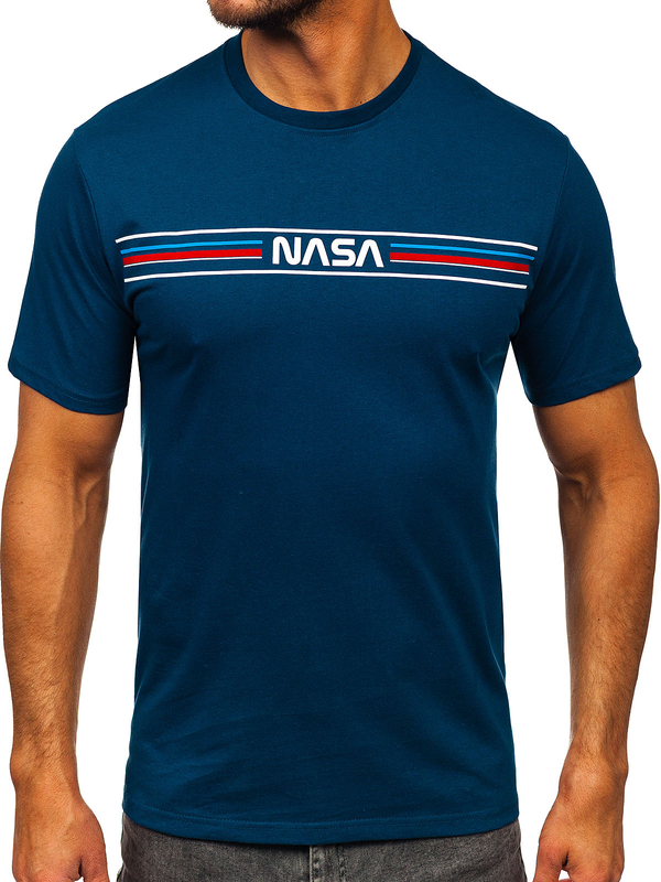 Тъмносиня памучна тениска с щампи за мъже Bolf 5052