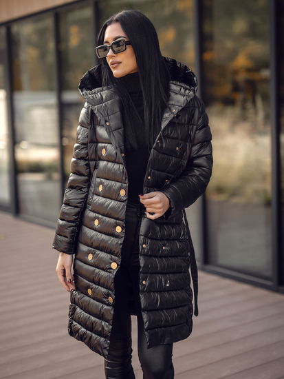 Дамско дълго ватирано преходно яке с качулка черно Bolf 5M3219