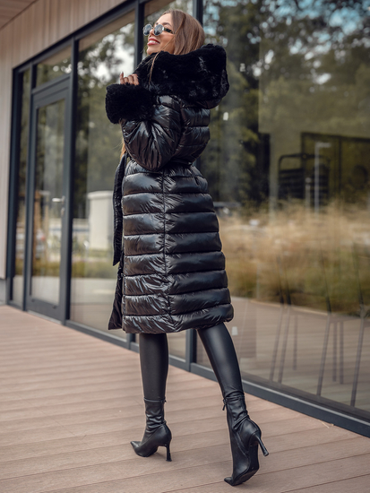 Черно дълго дамско зимно капитонирано яке с качулка Bolf 5M3160