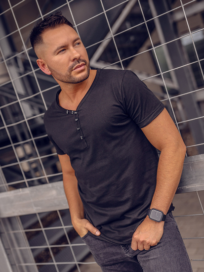 Черна памучна мъжка тениска с V-образно деколте без щампа Bolf 4049A