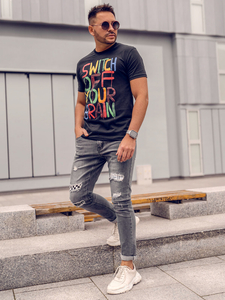 Мъжка тениска с принт черна Bolf 1181A