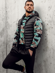 Черен капитониран мъжки елек с качулка Bolf 13072A