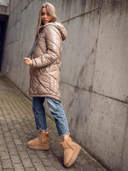 Дълго капитонирано дамско зимно яке с качулка в цвят камел Bolf 5M3189