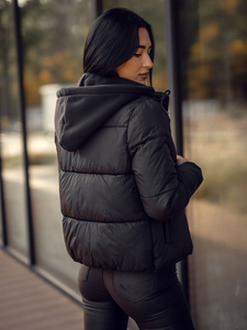 Дамско късо ватирано зимно яке с качулка черно Bolf 5M3237