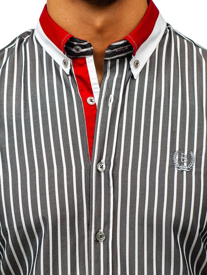 Мъжка елегантна риза на райета с къс ръкав сива Bolf 4501