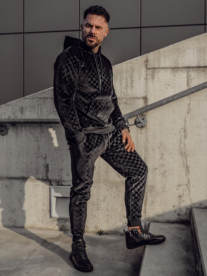 Черен мъжки плюшен анцуг с качулка Bolf 3A82-A